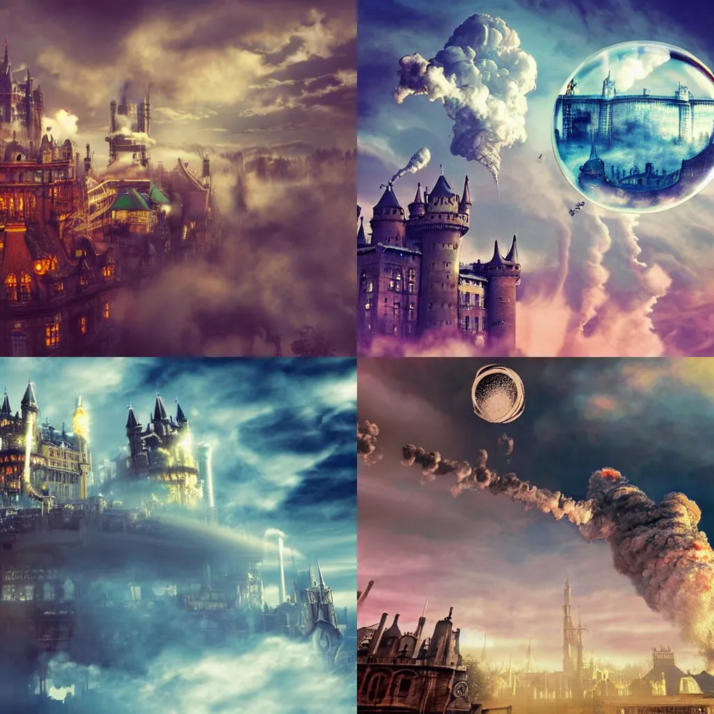 Image similar to big flying steam many castles fight in an epic battle in the clouds, steampunk, steam generators, steam parts, magical fog in the clouds, colorful city background, apocalypse, shooting magic shiny bubble
