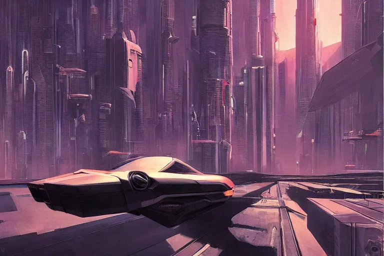 Prompt: City Scape with Flying Cars. in cyberpunk style by Vincent Di Fate