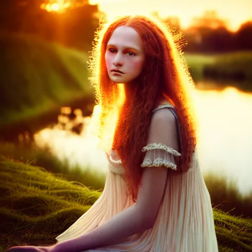 Prompt: photographic portrait of a stunningly beautiful english renaissance female hippy in soft dreamy light at sunset, beside the river, soft focus, contemporary fashion shoot, hasselblad nikon, by edward robert hughes