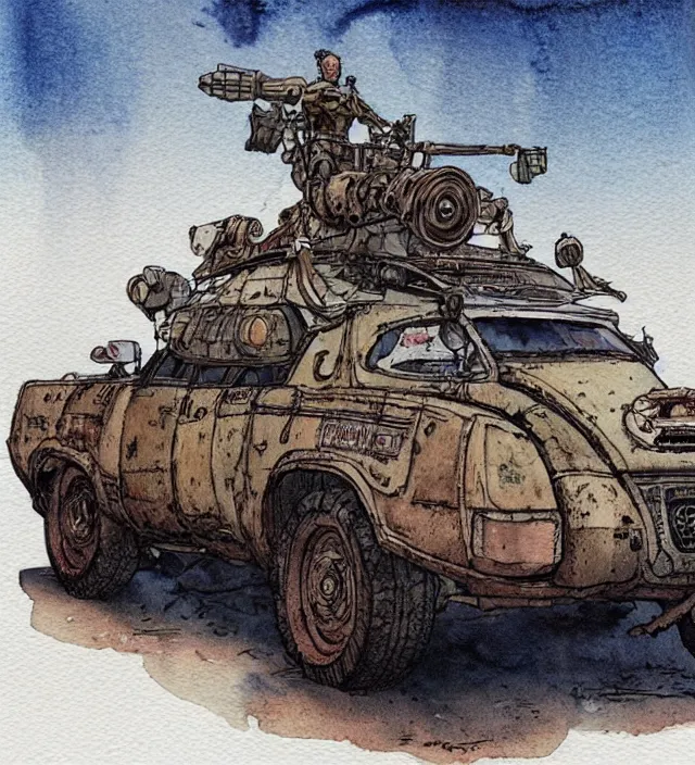 Image similar to a 3 / 4 view watercolor ink painting of a post - apocalyptic mad max / fallout style tank in the style of jean giraud in the style of moebius trending on artstation deviantart pinterest detailed realistic hd 8 k high resolution