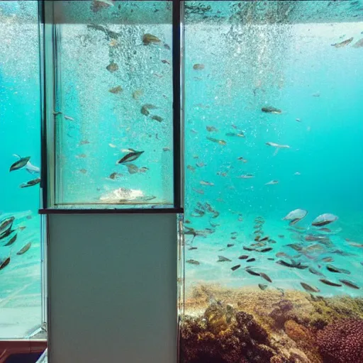 Prompt: a glass room overlooking an ocean dropoff, underwater,