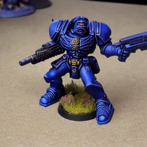 Prompt: An ultramarine who shoots a bolter at a House demon, in the background there are many other ultramarines who also open fire on demons, a very beautiful style,Warhammer Trailer Style 40000, Very detailed picture,