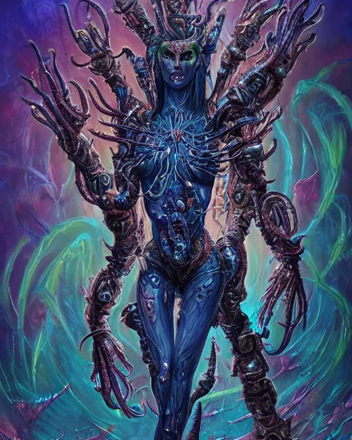 Prompt: silver mechanical charred bloody fleshmetal cyborg daemonhost woman psychedelic flamer of tzeentch with extra arms, blue and green rainbow fire, by antonio j. manzanedo, alex grey, android jones, wayne barlowe, philippe druillet, raymond swanland, cyril rolando, harumi hironaka, cronenburg, trending on artstation