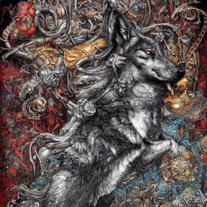 Image similar to a wolf in the style of a hard rock album art cover, in many colors, insanely detailed and intricate, hypermaximalist, elegant, ornate, luxury, elite, by james jean, by brian froud, hyper realistic, super detailed, flickr, filmic, cryengine