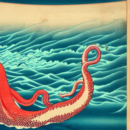 Image similar to CGI of giant octopus overlayed on ocean ukiyo-e background