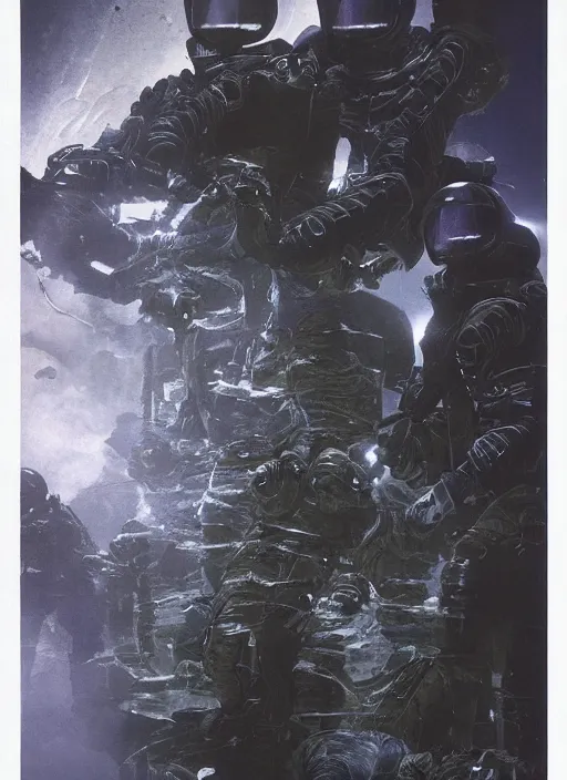 Image similar to astronauts in dark and empty void underwater - complex and hyperdetailed technical suit. reflection and dispersion materials. rays and dispersion of light. volumetric light. 5 0 mm, f / 3 2. noise film photo. flash photography. ultra realistic, wide angle. poster by wayne barlowe, hajime sorayama aaron horkey, craig mullins. polaroid.