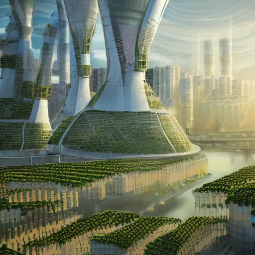 A solarpunk city with white skyscrapers, plants and the ocean nearby