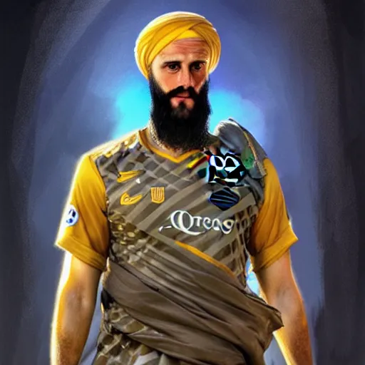 Image similar to Ter Stegen as Osama Bin Laden, Barcelona and Germany goalkeeper, D&D, fantasy, intricate, elegant, highly detailed, digital painting, artstation, concept art, matte, sharp focus, illustration, art by Artgerm and Greg Rutkowski and Alphonse Mucha