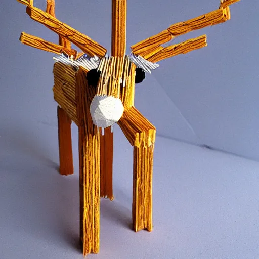 Prompt: detailed reindeer made from match sticks like lowpoly wooden machine