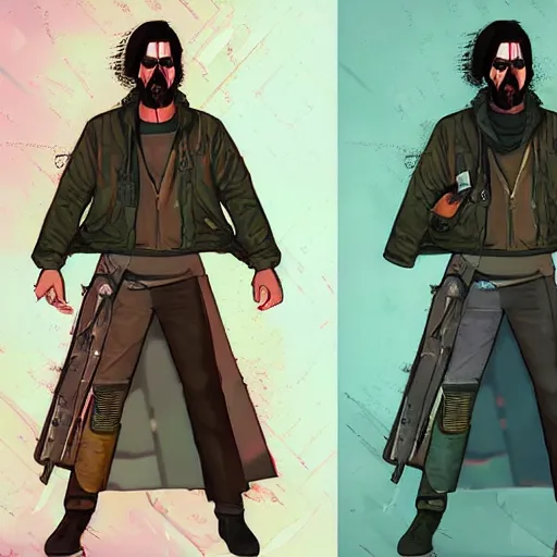 Image similar to keanu reevez in the art style of disco elysium