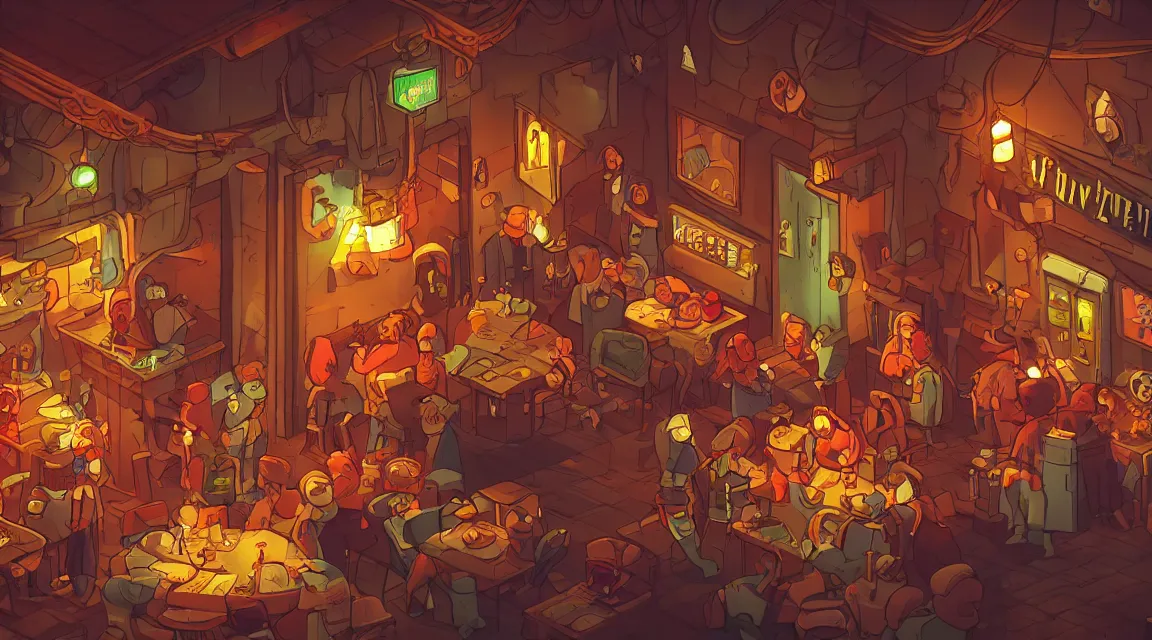 Image similar to A multidimensional cozy tavern, retro video game vibe, cinematic lighting, epic composition, cartoon, animation, background art, post processing, 8K resolution