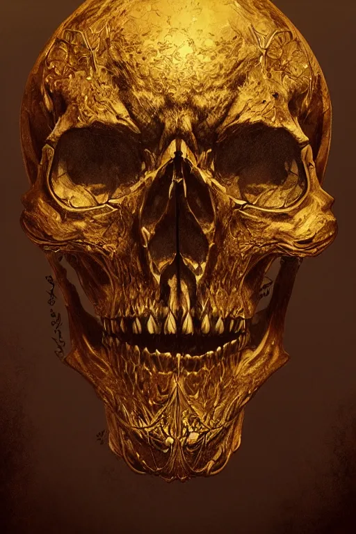 Prompt: skull, close - up portrait, powerful, intricate, elegant, volumetric lighting, digital painting, highly detailed, artstation, sharp focus, illustration, concept art, intricate ink pen, gold leaf