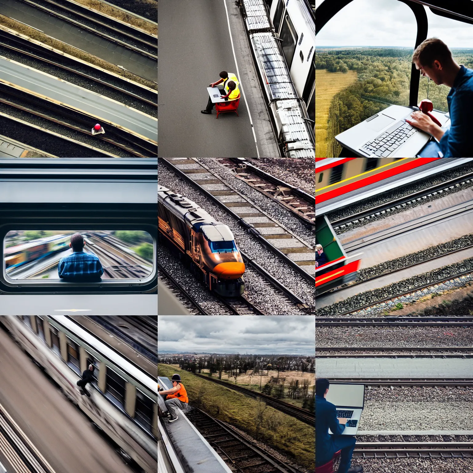 Prompt: a man sitting on top of a moving train working on his laptop, action shot taken from a helicopter, high shutter speed photo