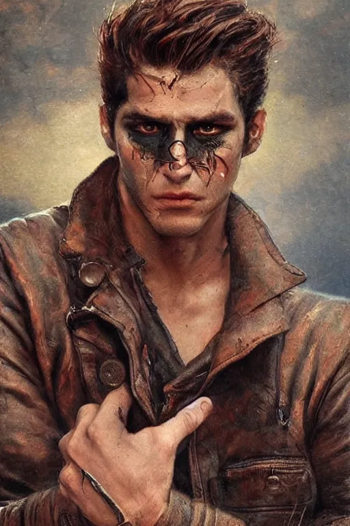 Image similar to a thirty - five year old contract killer named cobalt. he wears a brown leather jacket. he has a burn scar up the side of his face. art by gaston bussiere.