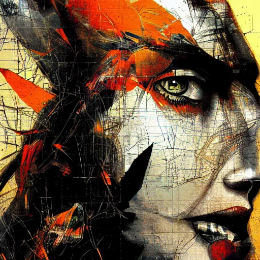 Image similar to portrait of a digital bird on the shoulder of a womain progressively rasterized into pixels, by yoji shinkawa, esao andrews and dave mckean