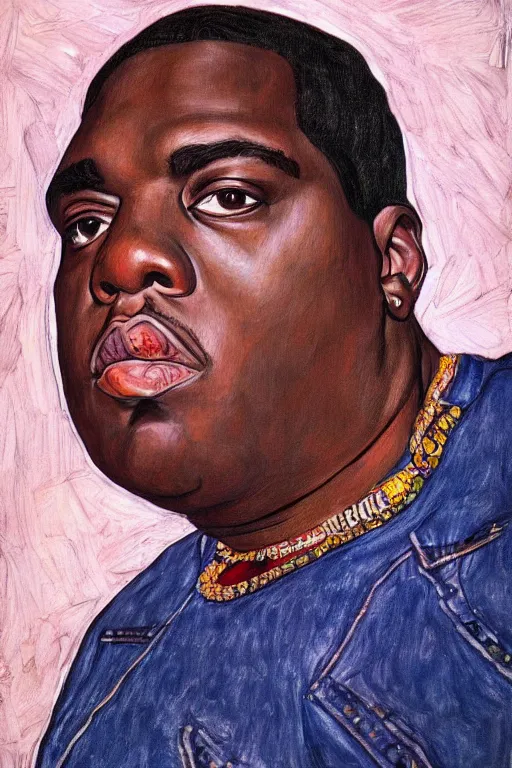 Image similar to a portrait of biggie smalls wearing boho - chic style clothes, full body!!, realistic painting in egon schiele style, masterpiece, hyperdetailed, complex, intricate, 4 k, trending on artstation