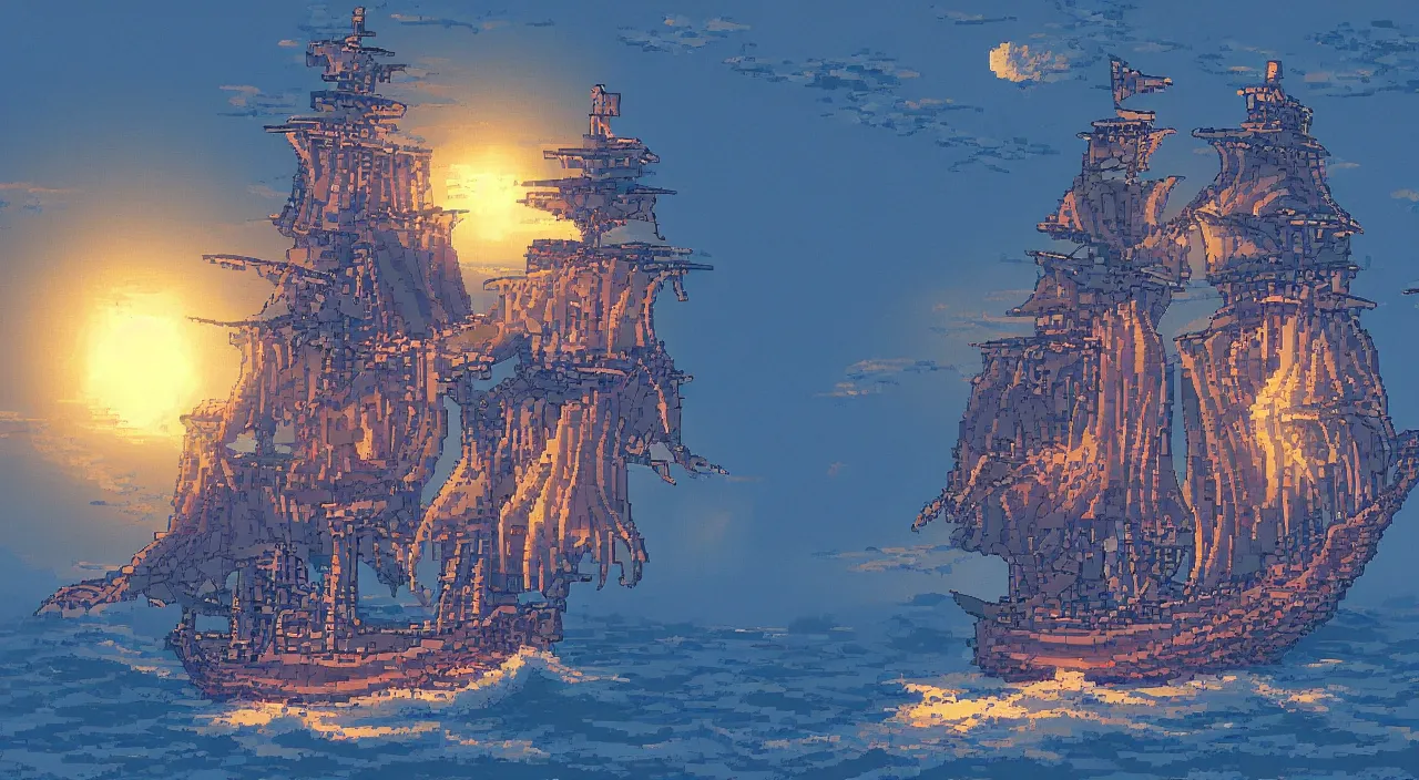 Image similar to Pixelart of a ghost pirate ship with a Jolly Roger flag, volumetric lighting, digital pixel art, pixiv, by Aenami