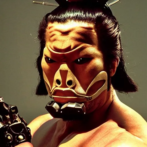 Image similar to fierce big muscular samurai wearing a cybernetic oni mask, amazing accurate movie still