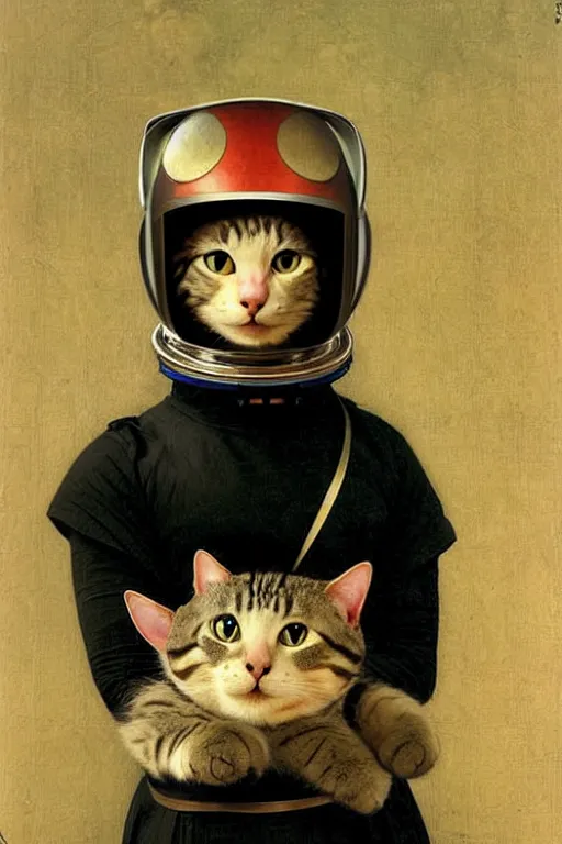 Prompt: portrait of a cat astronaut with japanese armor and helmet, majestic, solemn, by bouguereau