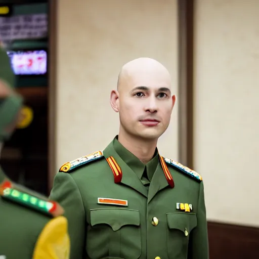 Image similar to cinematic shot of a bald young white man wearing a green chinese maoist military uniform standing in a Subway restaurant, 8k, very intricate, very detailed,