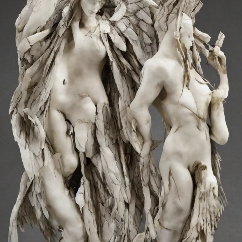 Prompt: A beautiful marble statue. Feathers and leather. Hell and heaven. by Yasushi Nirasawa.