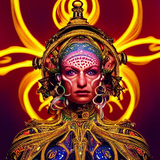 Image similar to uhd photorealisitc inspiring photo of a cosmic piccolo powered up. intricate details. ornate costume. glowing, powering up. hyperdetailed, accurate, global lighting. accurate face. symmetrical face. correct face. photo by annie leibowitz and steve mccurry