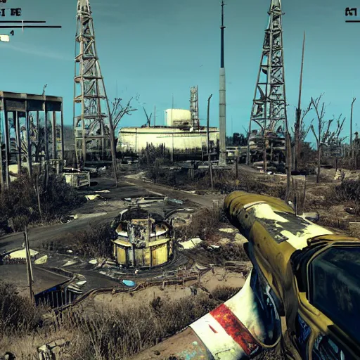 Image similar to kennedy space center in ruins post - nuclear war in fallout 4, in game screenshot