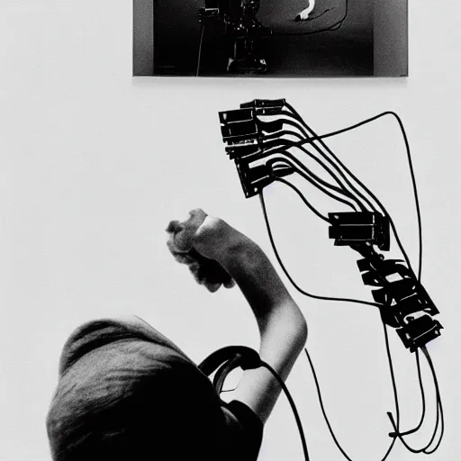 Image similar to a minimalist portrait of Marcel Duchamp holding computer cables in the style of Annie Leibovitz, Irving Penn, Hito Steyerl, Akira Kurosawa, Shinya Tsukamoto, line drawing and 35mm film, wide angle, monochrome, futuristic tetsuo