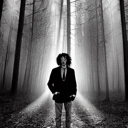 Image similar to A beautiful digital art of a man's head is floating in the air, surrounded by a halo of light. His eyes are wide open and his mouth is gaping in a scream. His hair is wild and his clothes are in tatters. Behind him is a dark, ominous forest. by Arthur Elgort subdued, ornamented