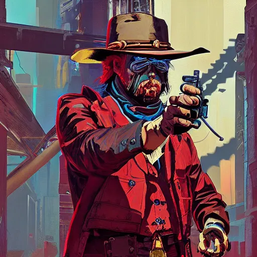 Prompt: cyberpunk red dead redemption, oil painting, art by josan gonzalez, front page of artstation