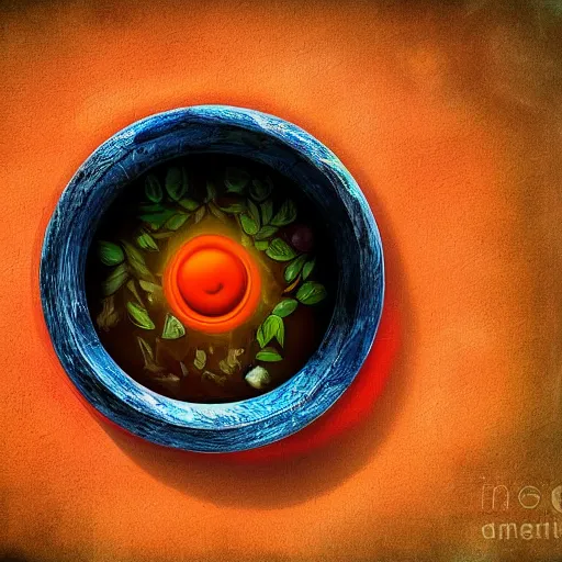 Image similar to a bowl of soup that has a portal to another world in it, digital art