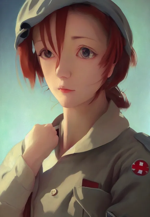 Prompt: a portrait of a tired female nurse in world war 2, 1 9 4 0 setting, vivid colors, soft lighting, atmospheric, cinematic, moody, in the style of ilya kuvshinov, range murata, krenz cushart and alyssa monk, hyperrealism, rule of thirds, oil on canvas, 8 k