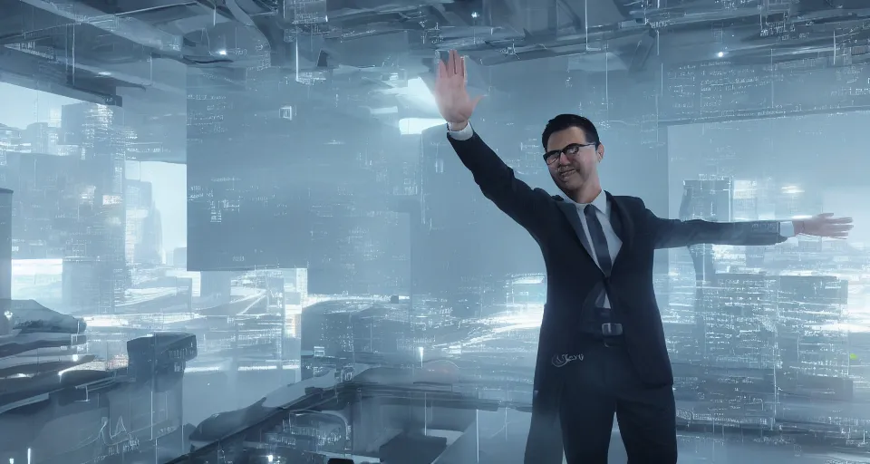 Prompt: Dramatic photo of a CEO waving to his coworkers in a futuristic office. Cryptocurrency coins are levitating all around them. 8k, high detail, trending on Artstation, volumetric lighting, cyberpunk