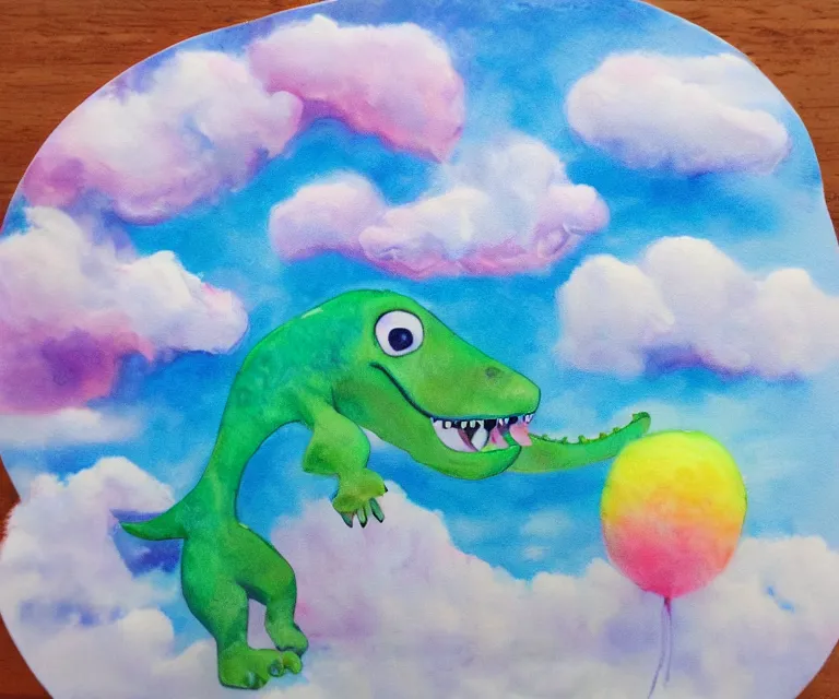 Image similar to a cute little dinosaur, water painting, cotton candy, fluffy clouds