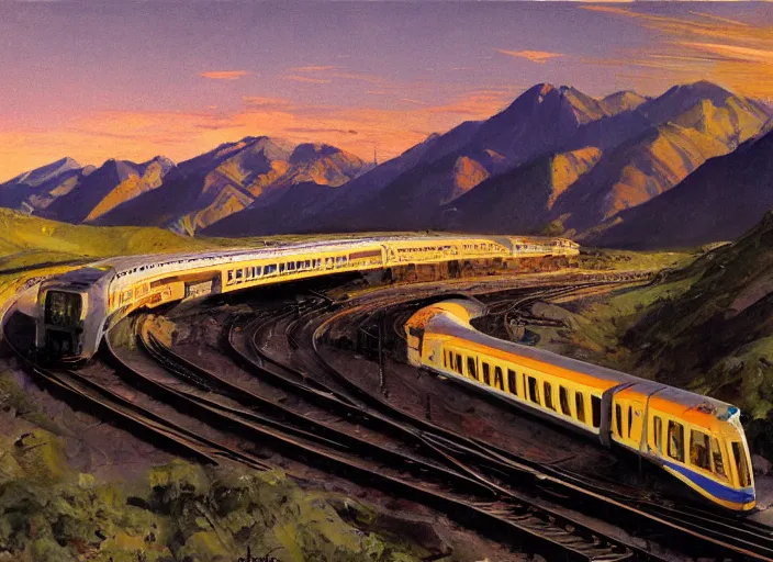 Prompt: illustration of the santiago metro at full speed with the andes mountain range in the background at sunset by john berkey and edward hopper