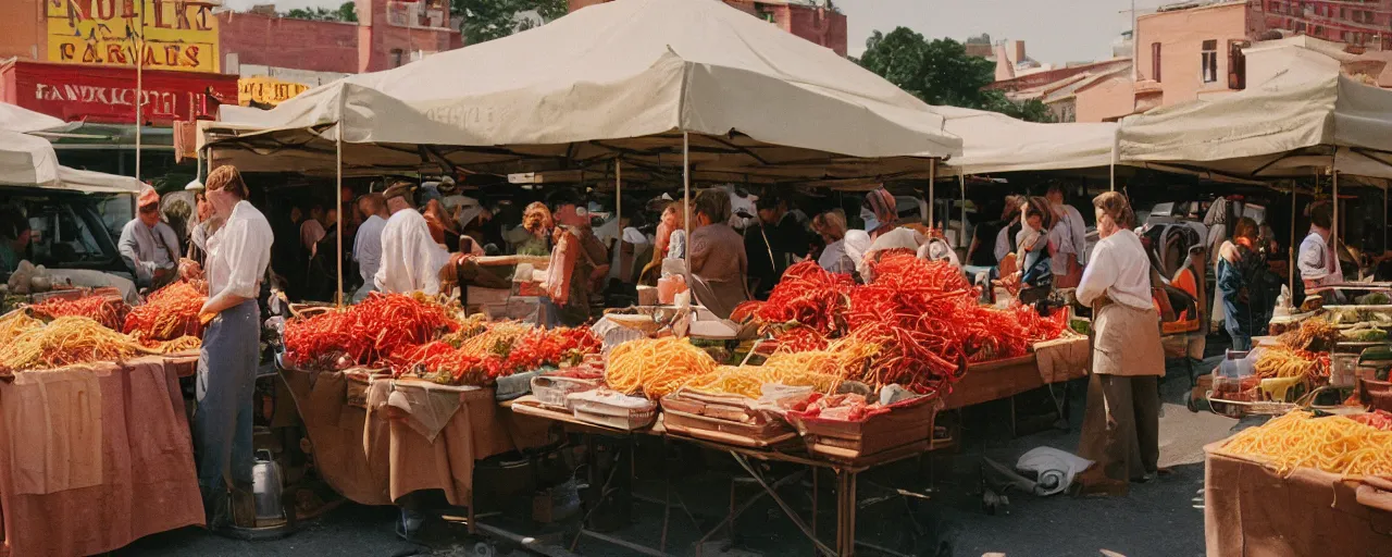 Image similar to farmers market with spaghetti, canon 5 0 mm, cinematic lighting, photography, wes anderson, film, kodachrome