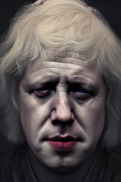 Image similar to perfectly - centered horror portrait - photograph of boris johnson as daenarys targaryen real life portrait by beksinski and jean delville, unreal engine 5, photorealism, hd quality, 8 k resolution, cinema 4 d, hdr dramatic cinematic lighting