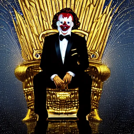 Prompt: shining giant throne made of millions of diamonds, gold and zaphires with thousands of light reflections, and a clown on a tuxedo suit is sitting on the throne while handing a golden balloon, dramatic light