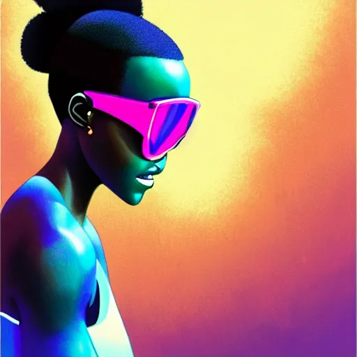 Prompt: Lupita Nyongo wearing opaque reflective goggles profile picture by Greg Rutkowski, brown skin, long afro hair, asymmetrical, futuristic, neon volumetric lights, cool colors, streetwear, studio ghibli, Organic Painting , Matte Painting, geometric shapes, hard edges, street art, trending on the artstation, fantasy LUT, realistic by Sachin Teng + Martin Grip + Moebius, techwear, Industrial Scifi, detailed illustration, character portrait,