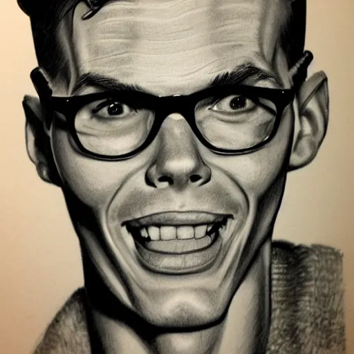 Image similar to A 1950s Style Comic-Like Drawing of iDubbbz, grainy, realistic, hyperrealistic, very realistic, very very realistic, highly detailed, very detailed, extremely detailed, detailed, digital art, trending on artstation, detailed face, very detailed face, very detailed face, realism, HD Quality, 8k resolution, intricate details, body and head in frame, drawing, inked drawing, comic drawing, neat drawing, 1950s, 50s, in the style of Frank Hampson, in the style of Frank Bellamy, in the style of Dave Gibbons, in the style of Don Lawrence, in the style of Wally Wood