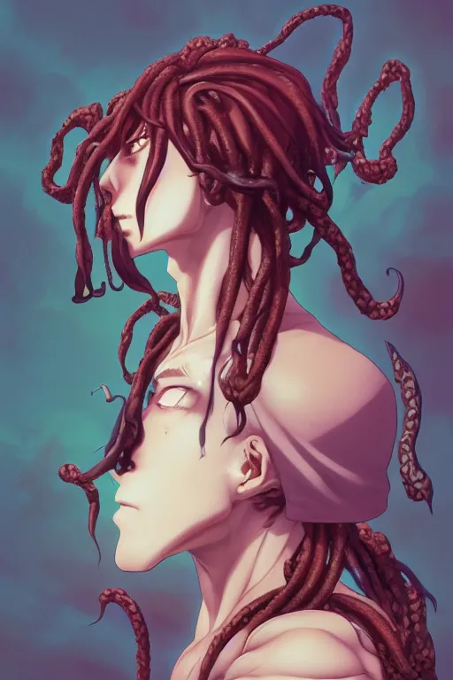 Image similar to portrait of an anime manga guy with snake dreads, straight on, by artgerm, james jean, tom bagshaw, gerald brom, vaporwave colors, lofi colors, vaporwave, lofi, goth vibe, 4 k, smooth, hd, substance designer render, full body character concept art, symmetrical, 2 point lighting,