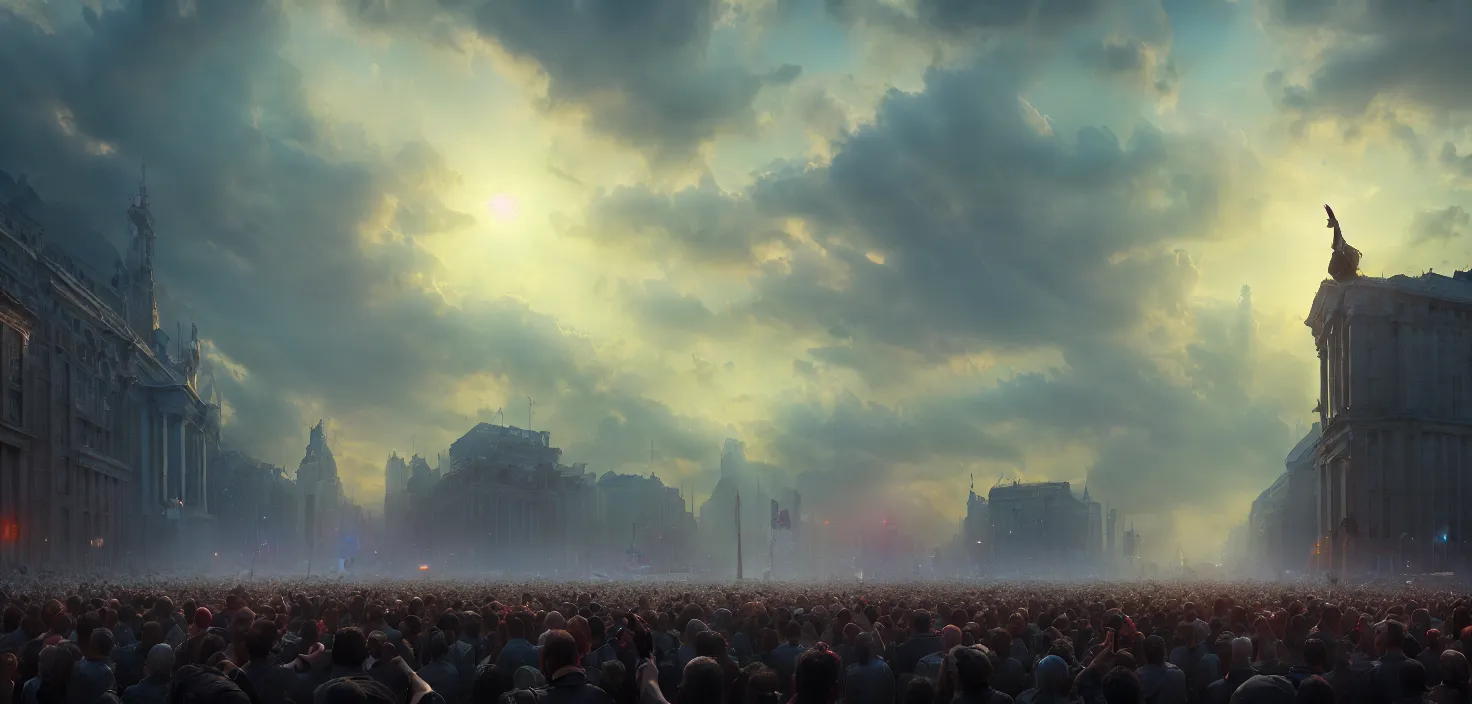 Image similar to painting of a crowd with raised arms pointing towardб demonstration, cinematic view, epic sky, detailed, concept art, low angle, high detail, warm lighting, volumetric, godrays, vivid, beautiful, trending on artstation, by jordan grimmer, huge scene, art greg rutkowski