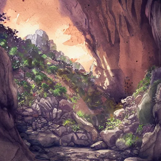 Image similar to cave in mountain paved, botanic watercolors, iridescent, 8 k, realistic shaded, fine details, artstation, italian, iron gate