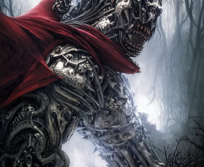 Image similar to 5 5 mm close up portrait photo of an armored biomechanical demonic superman looking at the camera, in a magical forest. dark atmosphere. art by greg rutkowski and luis royo. highly detailed 8 k. intricate. lifelike. soft light. nikon d 8 5 0.