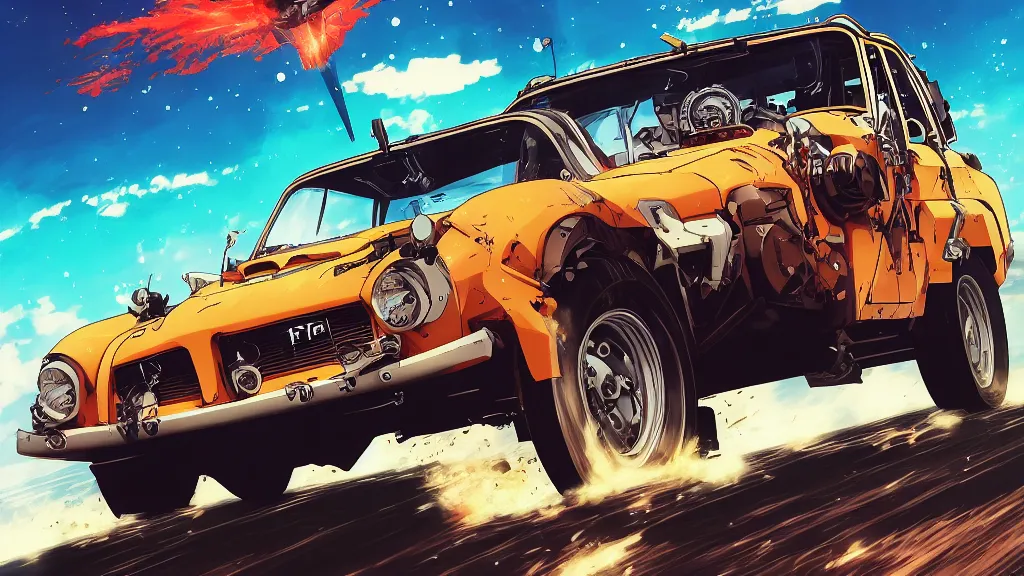 Image similar to anime illustration of mad max's fj 4 0 pursuit special, the last v 8 interceptor driving down to the gates of valhalla highway, riding fury road eternal shiny and chrome, world of fire and blood, by makoto shinkai, ilya kuvshinov, lois van baarle, rossdraws, basquiat, global illumination ray tracing hdr