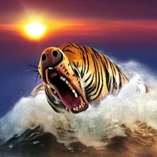 Prompt: a closeup photorealistic photograph of a smiling cute tiger hippopotamus riding a large wave during sunset. surf in the background. professional capture. brightly lit scene. this 4 k hd image is trending on artstation, featured on behance, well - rendered, extra crisp, features intricate detail, epic composition and the style of unreal engine.