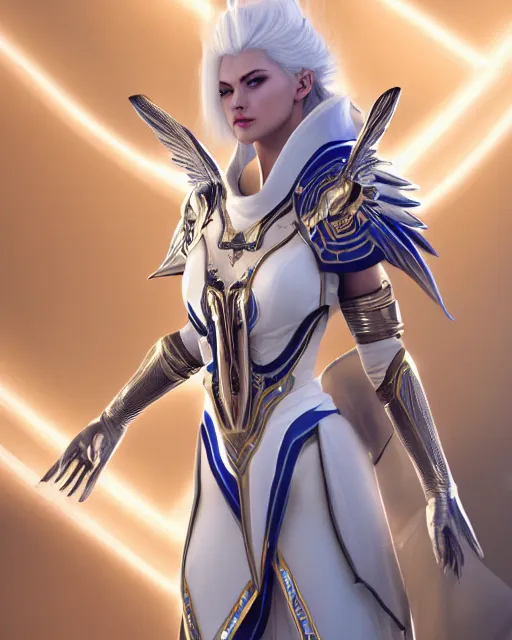 Image similar to perfect white haired egyptian goddess wearing white dove wings, warframe armor, regal, attractive, ornate, sultry, beautiful, charlize theron, half asian, pretty face, blue eyes, detailed, scifi platform, 4 k, ultra realistic, volumetric lighting, illuminated, cinematic, masterpiece, art by akihito tsukushi, voidstar