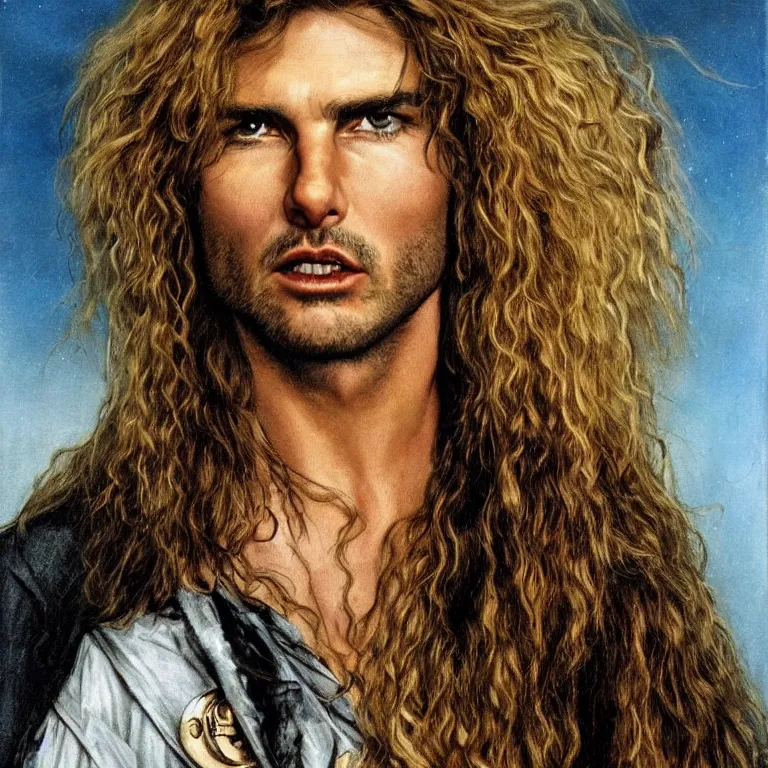 Image similar to Pre-Raphaelite portrait of Tom Cruise as the leader of a cult 1980s heavy metal band, with very long blond hair and grey eyes