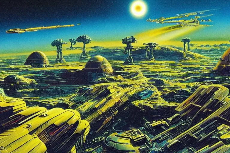 Image similar to an alien landscape, no man's sky, striking, fluid, smooth, bright saturated colours, high contrast, sharpness, very detailed, intricate, by angus mckie, colin hay, stewart cowley, john berkey, wojciech siudmak