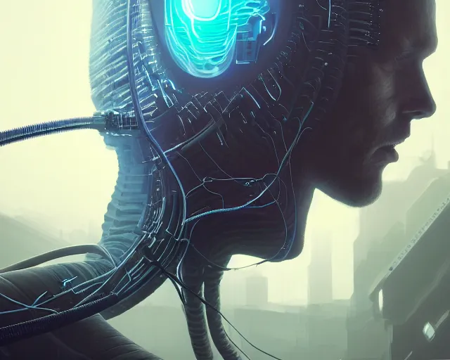 Image similar to a hyperrealistic painting of a human cyborg with cables coming out from his limbs connected to supercomputers, flood of images flowing from his head, tesseract, by greg rutkowski, artgerm, yakihiko yoshida and beeple, trending on artstation, concept art, insane details, zoomed out